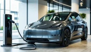 Grey Telsa in a dealership plugged into electric