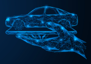 Hand holding a platform with a car. A low-poly design of interconnected lines and dots. Blue background.